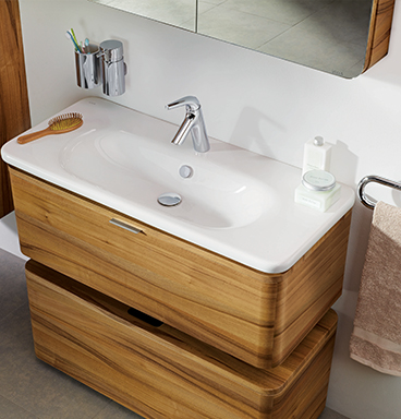VitrA Nest washbasin unit and lower furniture unit in waved natural wood